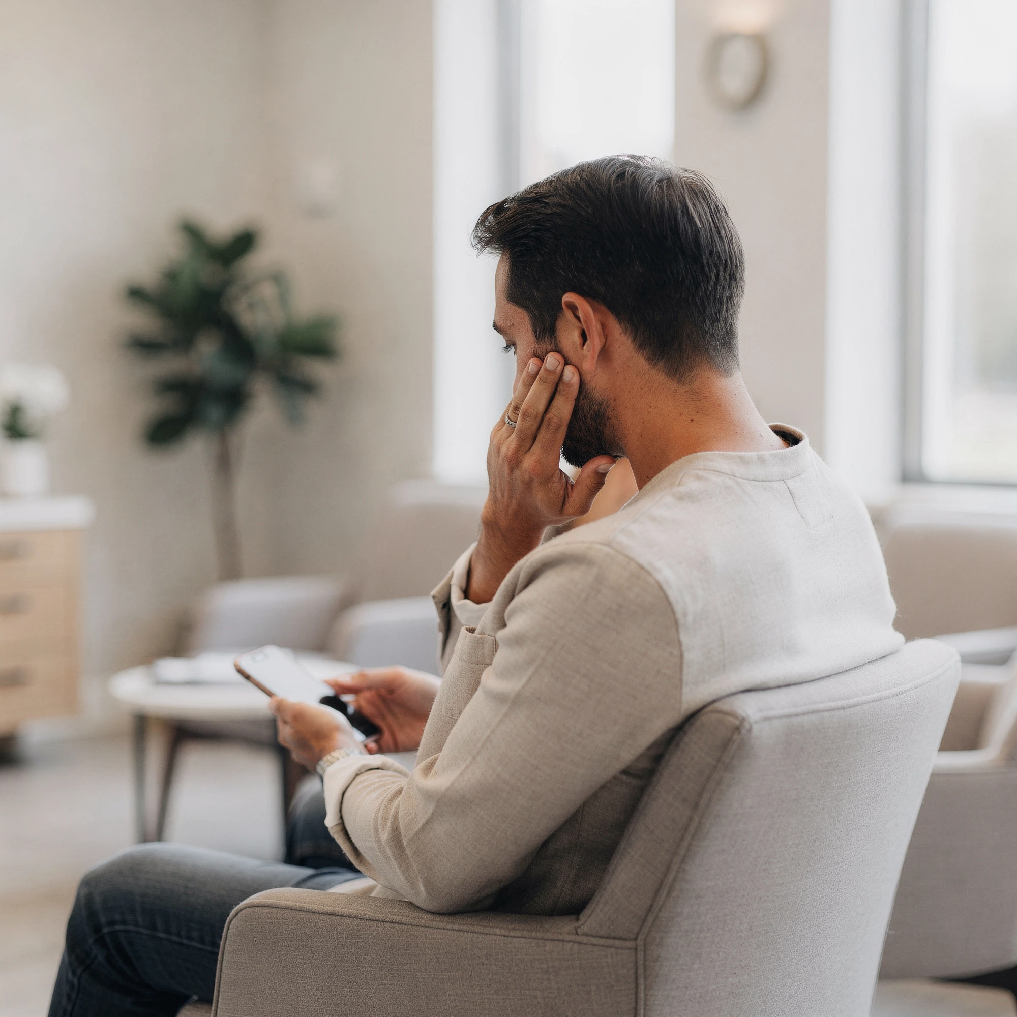Man in waiting room holding his cheek in pain while looking at a phone